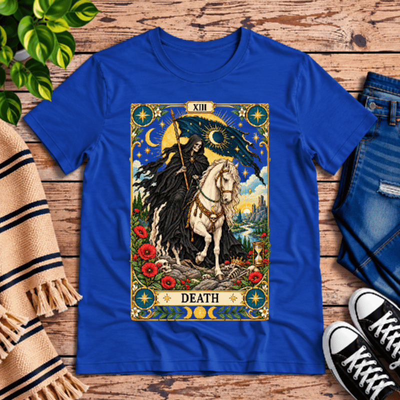 Death Premium T-Shirt in true royal blue, flat lay