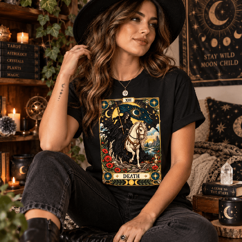 Woman wearing the Death Premium T-Shirt in vintage black