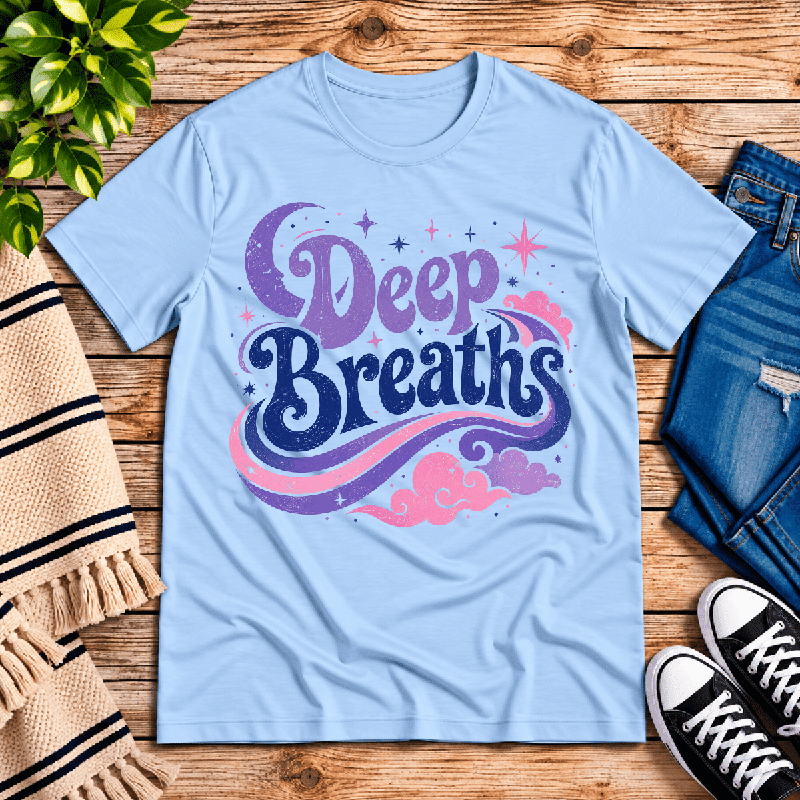 Deep Breaths Premium T-Shirt in baby blue, flat lay with crescent moon, stars, and pink cloud swirl graphic