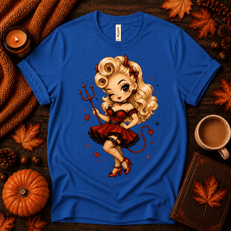 Devilish Daisy Premium T-Shirt in true royal blue, flat lay with winking pin-up devil girl and trident graphic