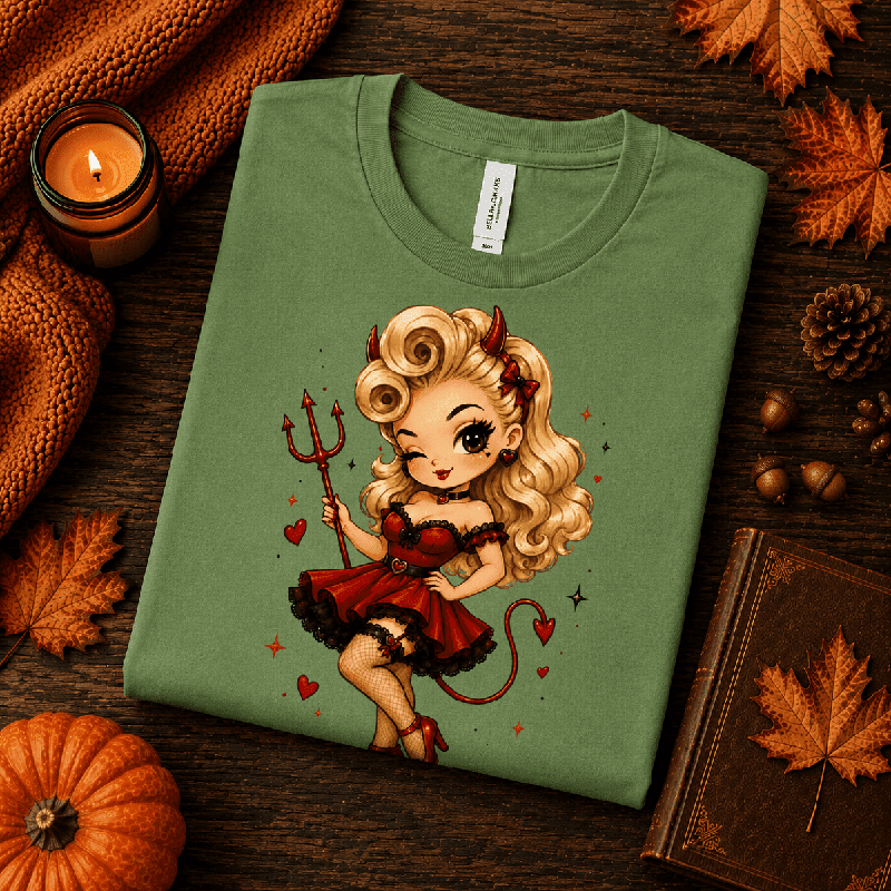 Devilish Daisy Premium T-Shirt in leaf green, folded close-up