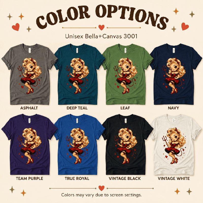 Devilish Daisy Premium T-Shirt color chart: Asphalt, Deep Teal, Leaf, Navy, Team Purple, True Royal, Vintage Black, Vintage White