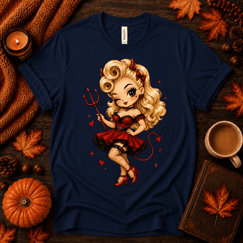 Devilish Daisy Premium T-Shirt in navy, flat lay