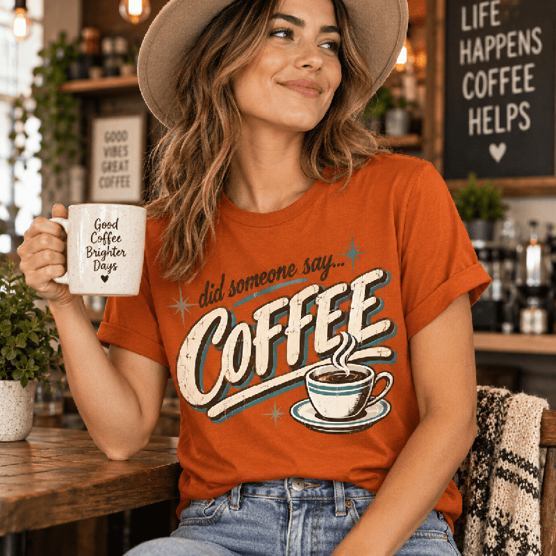 Woman holding a mug in a cafe, wearing the Did Someone Say Coffee Premium T-Shirt in burnt orange