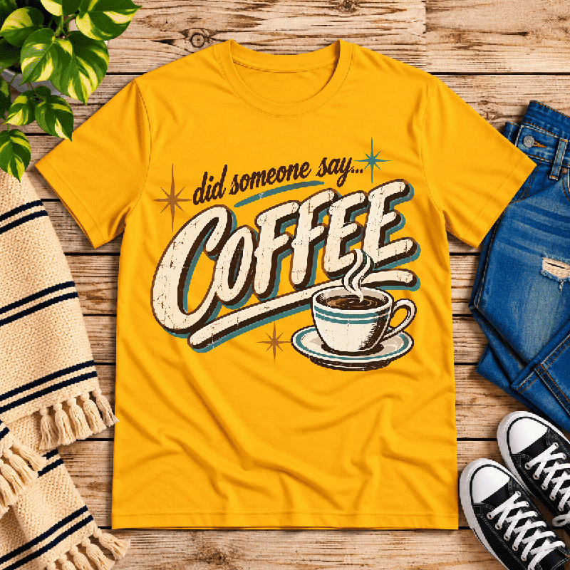Did Someone Say Coffee Premium T-Shirt in gold, flat lay
