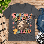 Emotional Support Potato Premium T-Shirt in asphalt gray, flat lay with bulldog puppy and colorful bubble-text graphic
