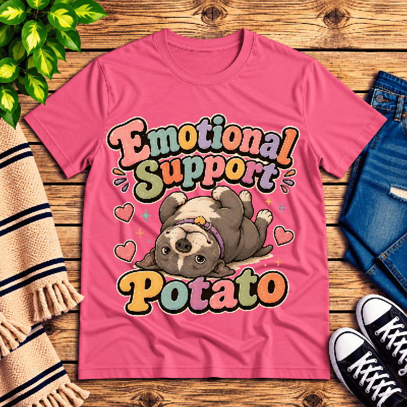 Emotional Support Potato Premium T-Shirt in charity pink, flat lay
