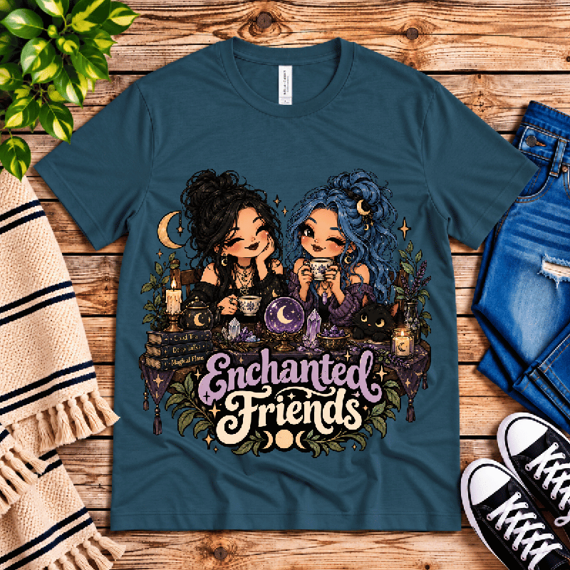 Enchanted Friends Premium T-Shirt in deep teal, flat lay