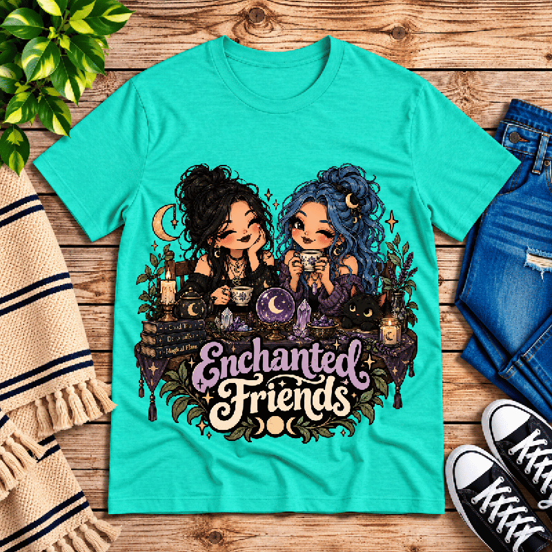 Enchanted Friends Premium T-Shirt in heather sea green, flat lay with two chibi witches at a tea party graphic