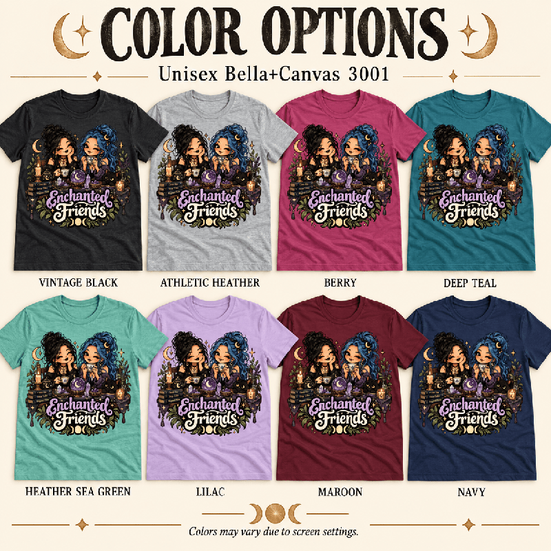 Enchanted Friends Premium T-Shirt color chart: Athletic Heather, Berry, Deep Teal, Heather Sea Green, Lilac, Maroon, Navy, Vintage Black