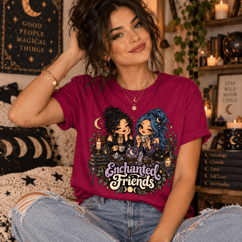 Woman wearing the Enchanted Friends Premium T-Shirt in maroon