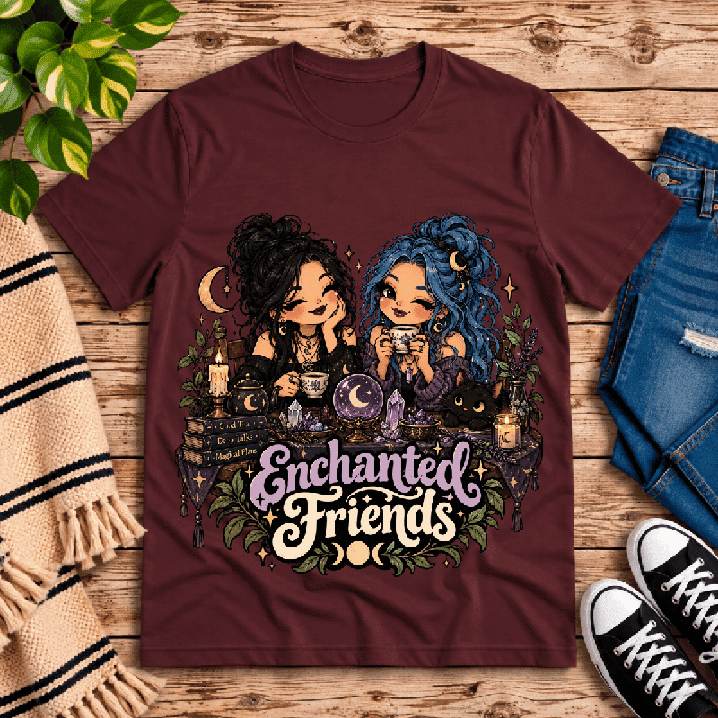 Enchanted Friends Premium T-Shirt in maroon, flat lay