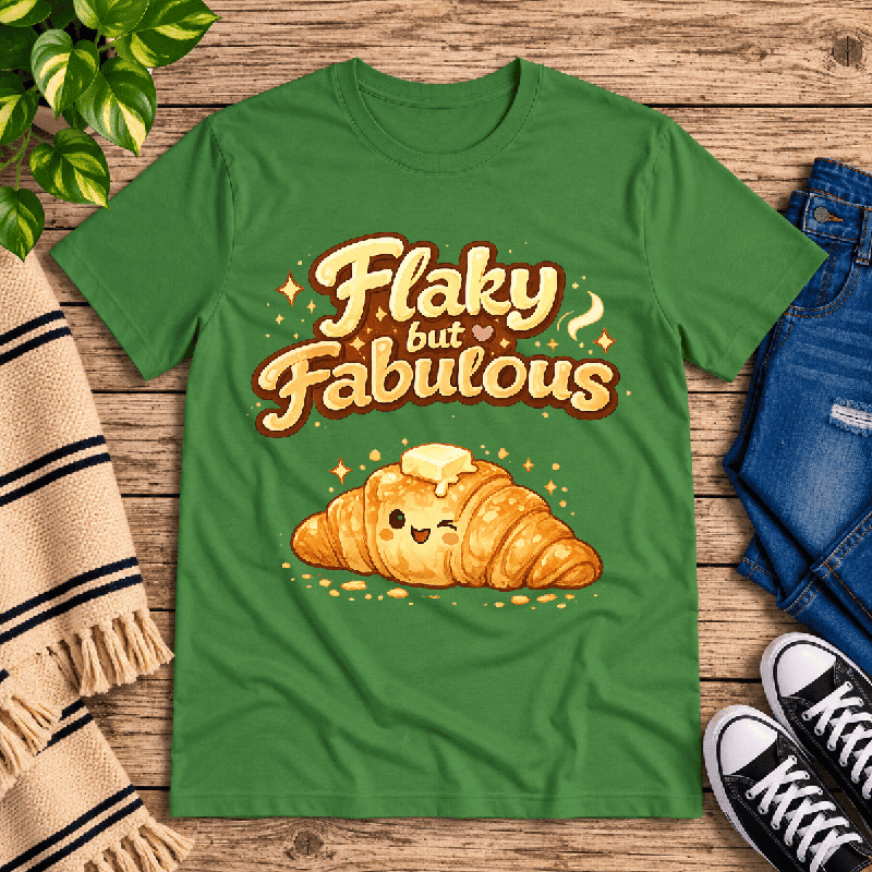 Flaky But Fabulous Premium T-Shirt in leaf green, flat lay with winking croissant graphic