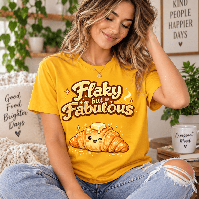 Woman wearing the Flaky But Fabulous Premium T-Shirt in gold