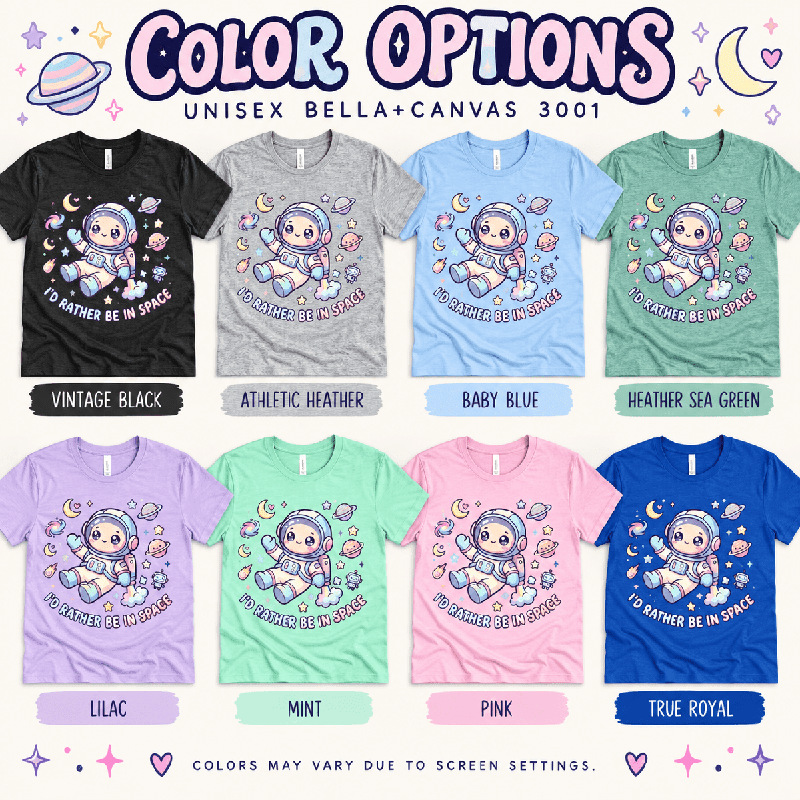Floating In Space Premium T-Shirt color chart: Athletic Heather, Baby Blue, Heather Sea Green, Lilac, Mint, Pink, True Royal, Vintage Black