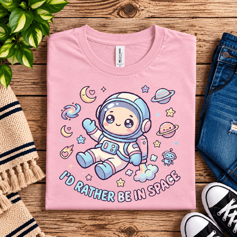 Floating In Space Premium T-Shirt in pink, folded close-up with neck tag showing