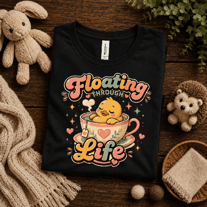 Floating Through Life Premium T-Shirt in vintage black, folded close-up with neck tag showing