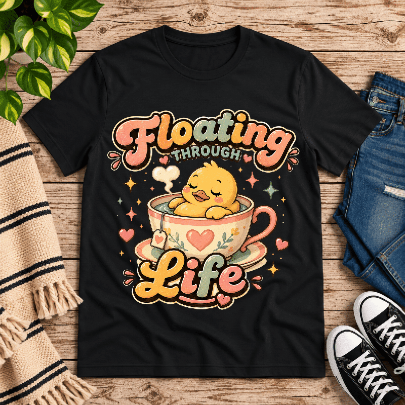 Floating Through Life Premium T-Shirt in vintage black, flat lay with duck-in-teacup graphic
