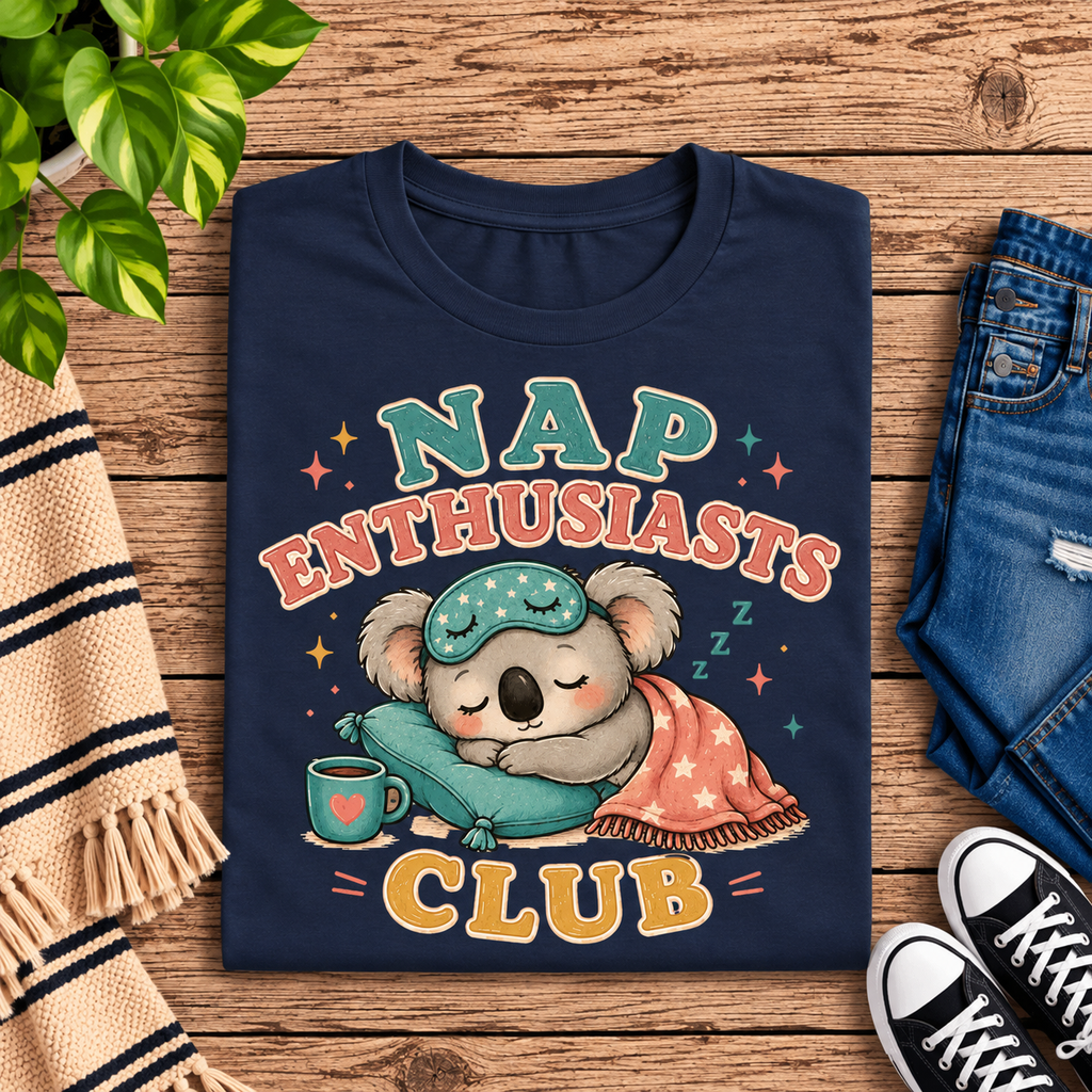 A folded mockup of Nap Enthusiasts Club cute animal graphic t-shirt in navy.
