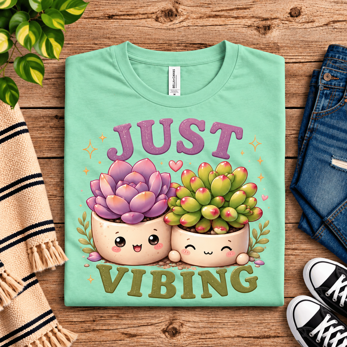 A folded mockup of Succulent Vibing cute plant graphic t-shirt in mint.