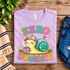 A folded mockup of Zero Urgency cute animal graphic t-shirt in lilac.