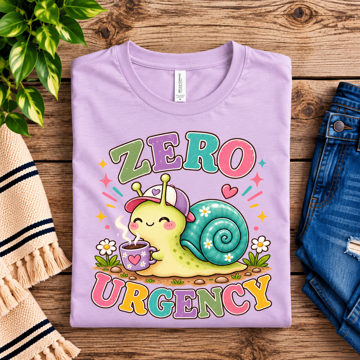 A folded mockup of Zero Urgency cute animal graphic t-shirt in lilac.