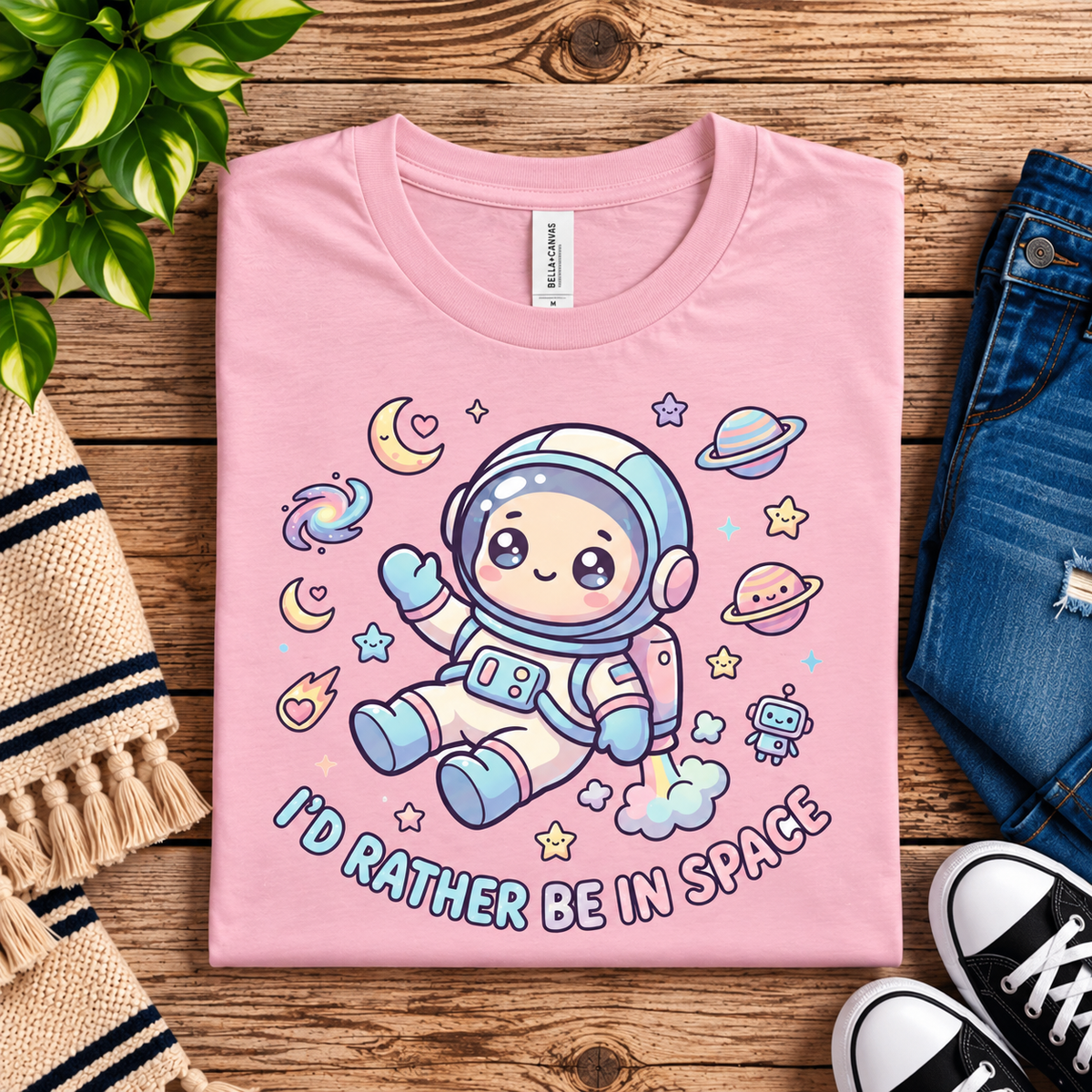 A folded mockup of Floating In Space funny introvert graphic t-shirt in pink.