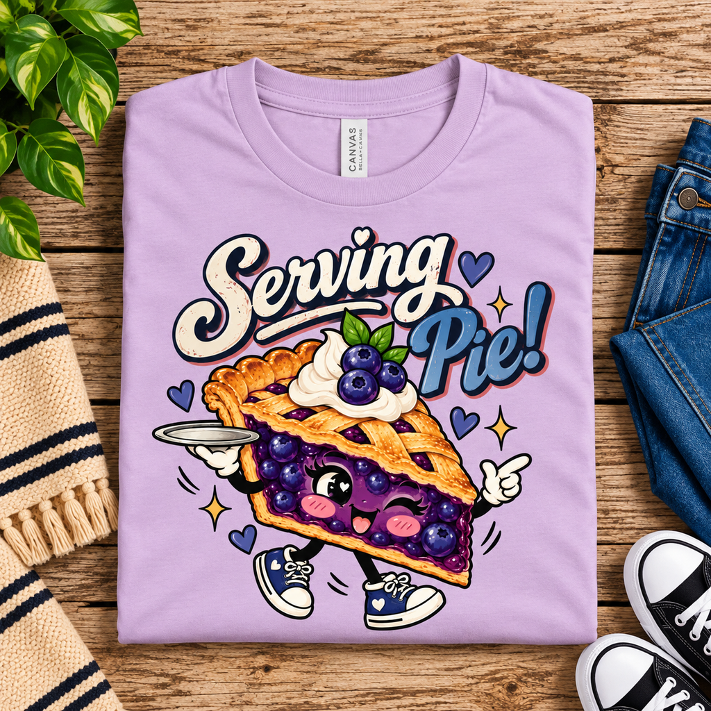 A folded mockup of Serving Pie retro food graphic t-shirt in lilac.