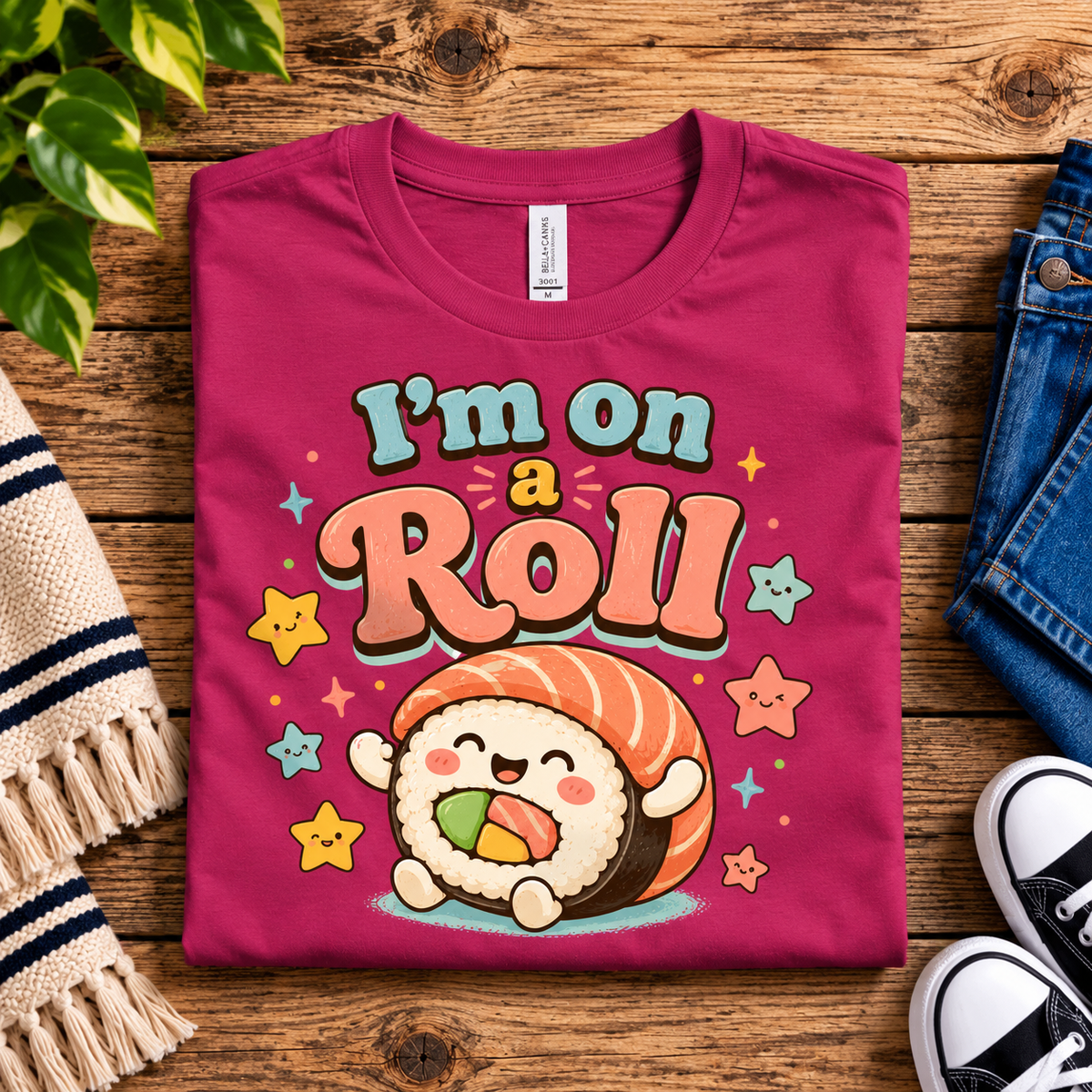 A folded mockup of I'm on a Roll cute food graphic t-shirt in berry.