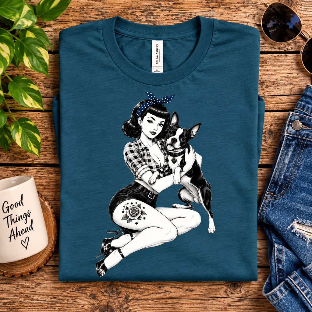 A folded mockup of Boston Love pinup graphic t-shirt in deep teal.