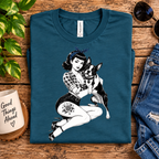 A folded mockup of Boston Love pinup graphic t-shirt in deep teal.