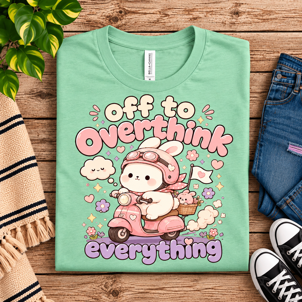 A folded mockup of Overthink Bunny cute animal graphic t-shirt in mint.