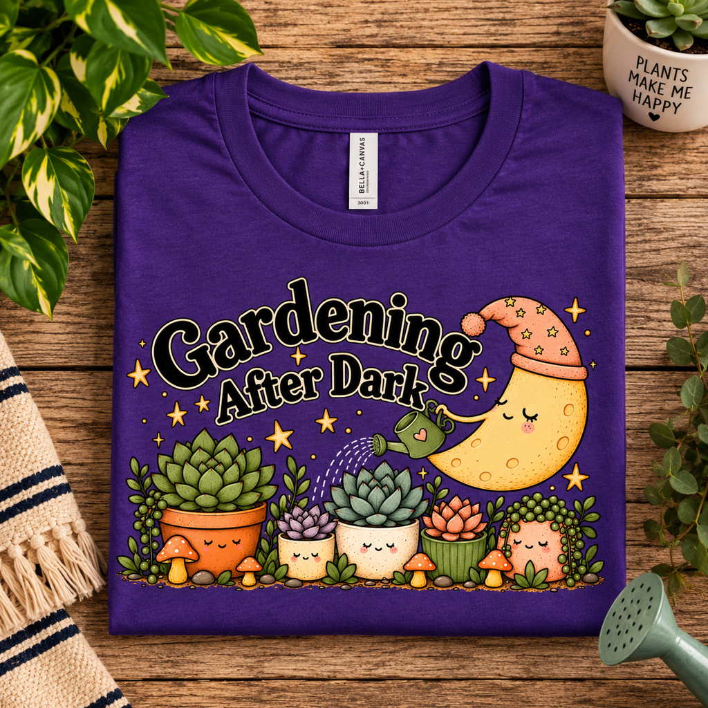 A folded mockup of Gardening After Dark cute cottagecore graphic t-shirt in team purple.