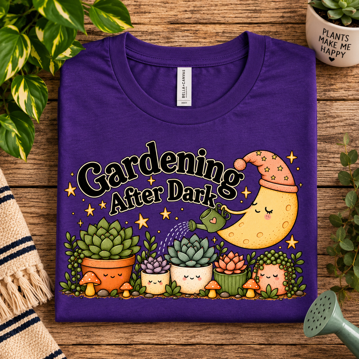 A folded mockup of Gardening After Dark cute cottagecore graphic t-shirt in team purple.