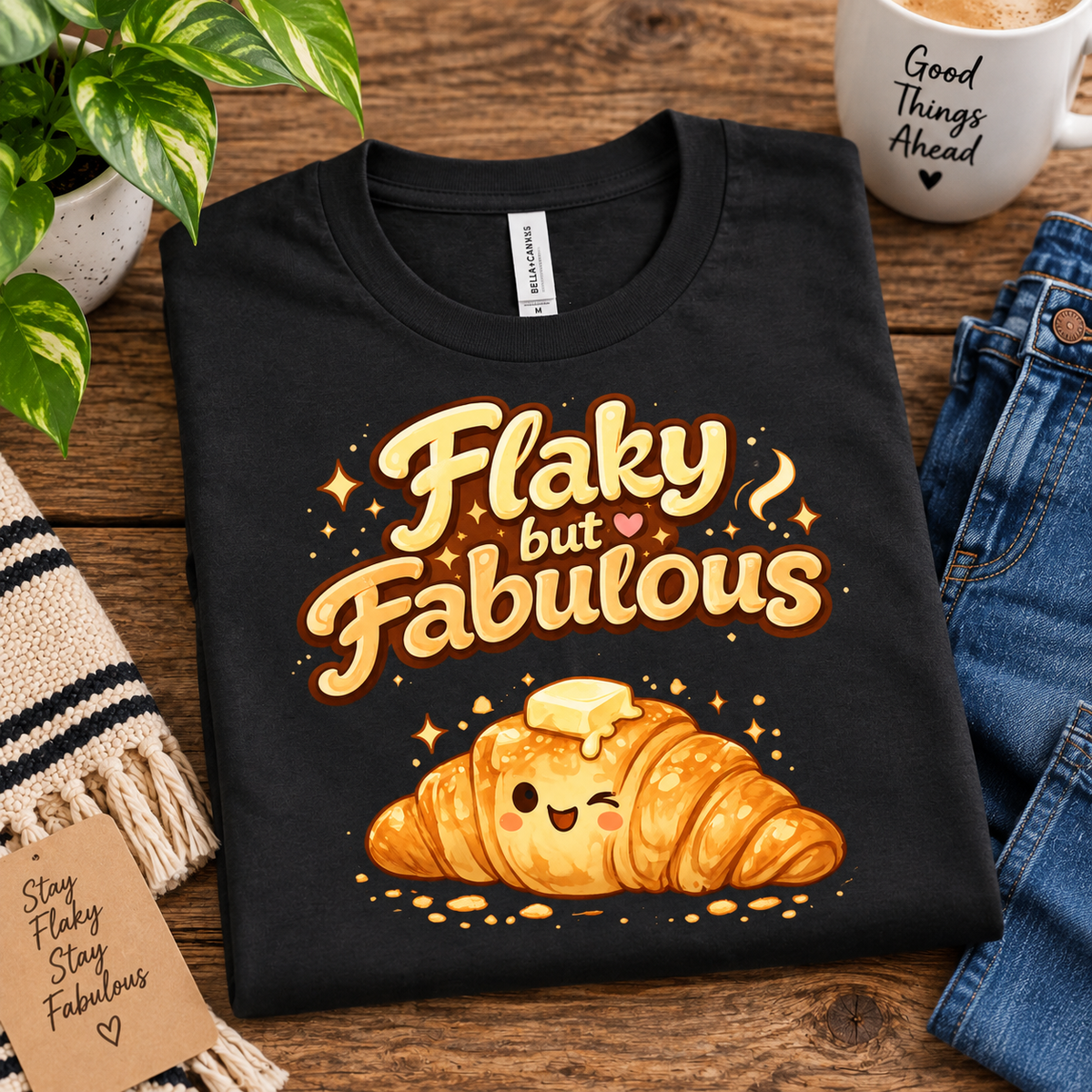 A folded mockup of Flaky But Fabulous cute food graphic t-shirt in vintage black.