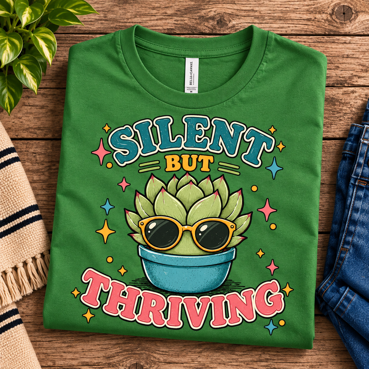 A folded mockup of Silent But Thriving cute plant graphic t-shirt in leaf.