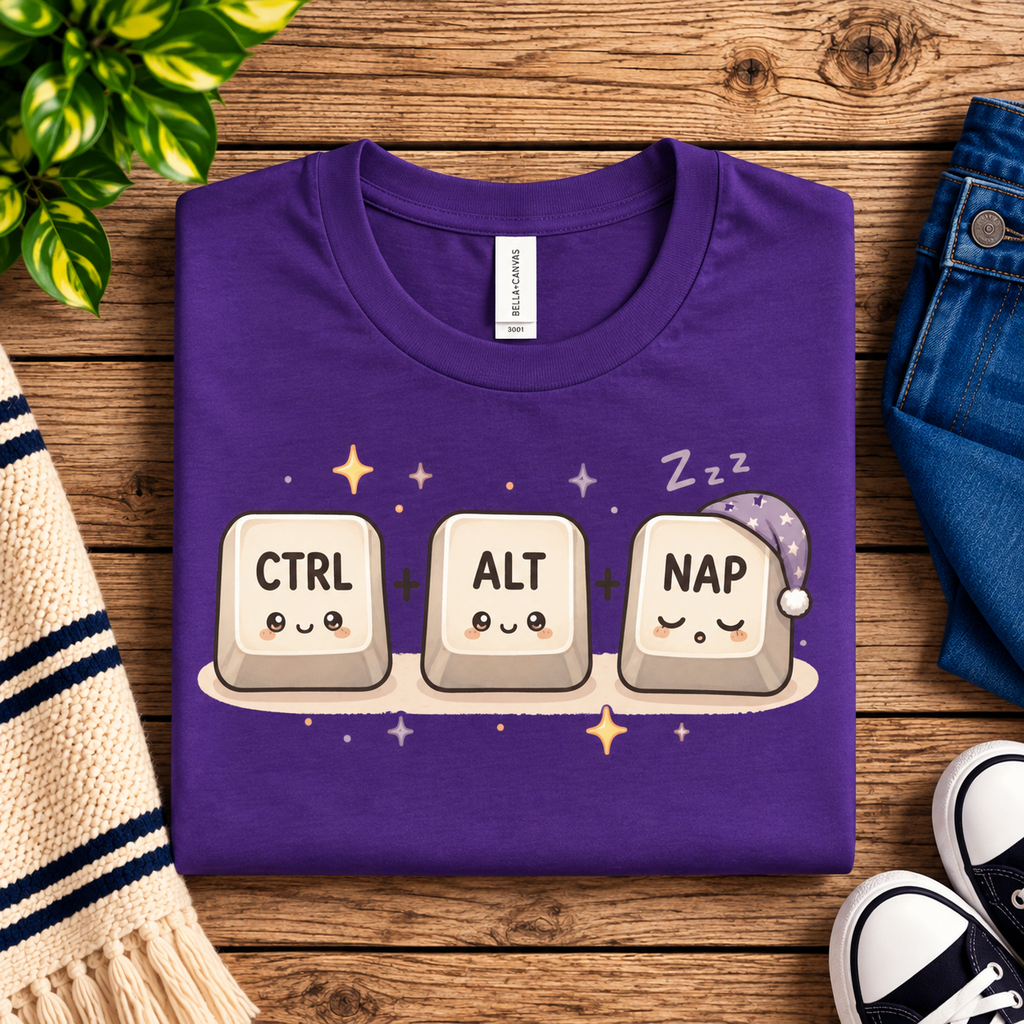 A folded mockup of CTRL + ALT + NAP funny introvert graphic t-shirt in team purple.