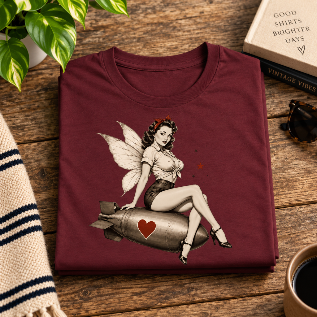 A folded mockup of Love Bomb vintage pinup graphic t-shirt in maroon.