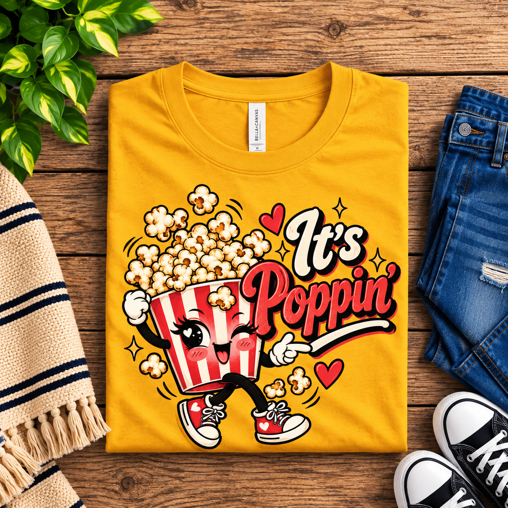 A folded mockup of It's Poppin' retro food graphic t-shirt in gold.
