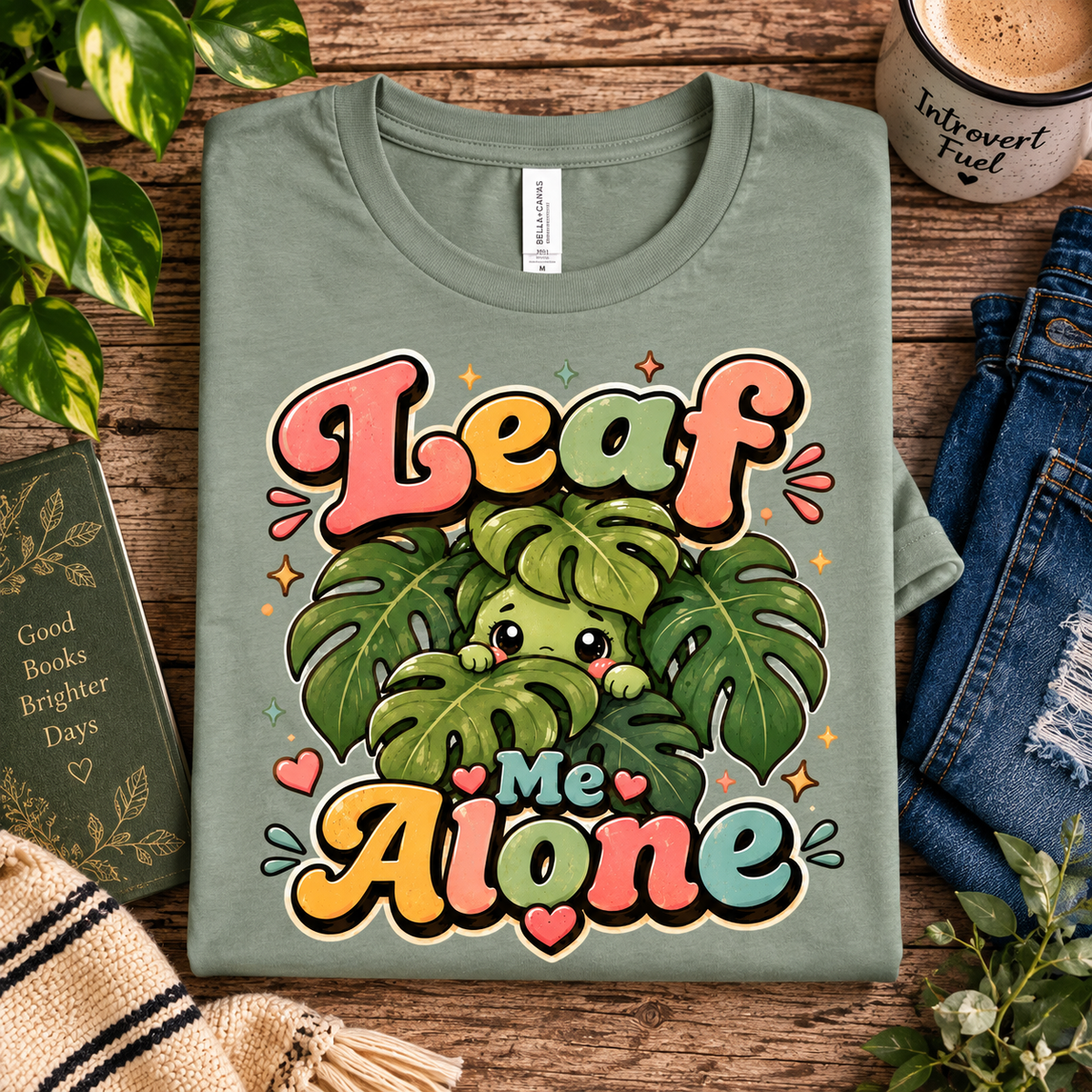 A folded mockup of Leaf Me Alone cute plant graphic t-shirt in sage.