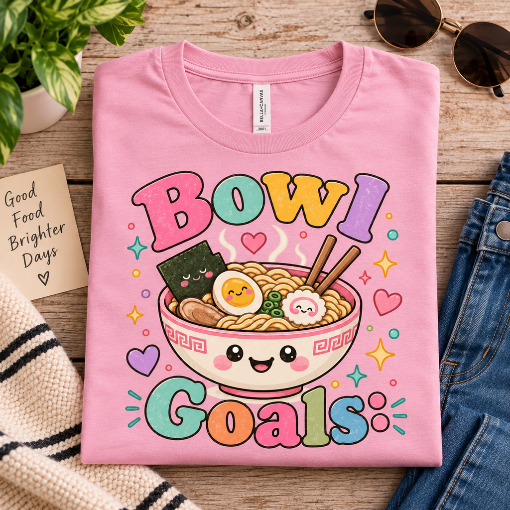 A folded mockup of Bowl Goals cute food graphic t-shirt in pink.