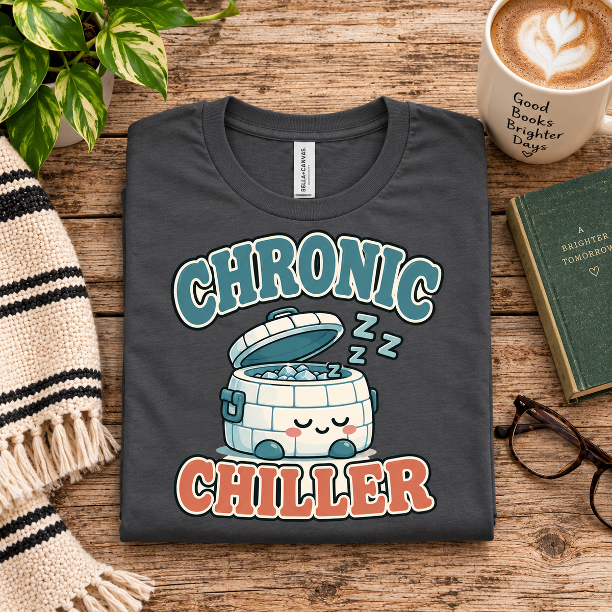 A folded mockup of Chronic Ciller funny introvert graphic t-shirt in asphalt.