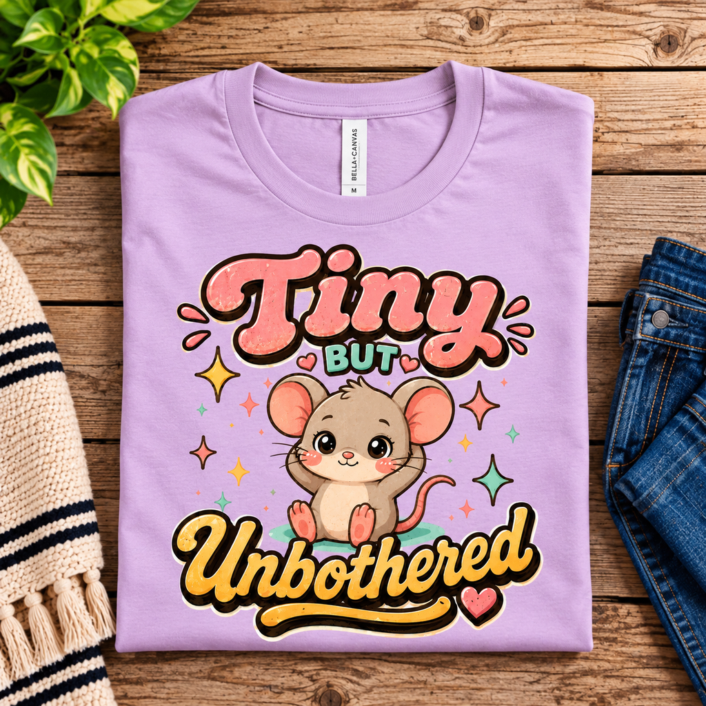 A folded mockup of Tiny but Unbothered cute animal graphic t-shirt in lilac.