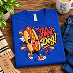 A folded mockup of Hot Dog! retro food graphic t-shirt in true royal.