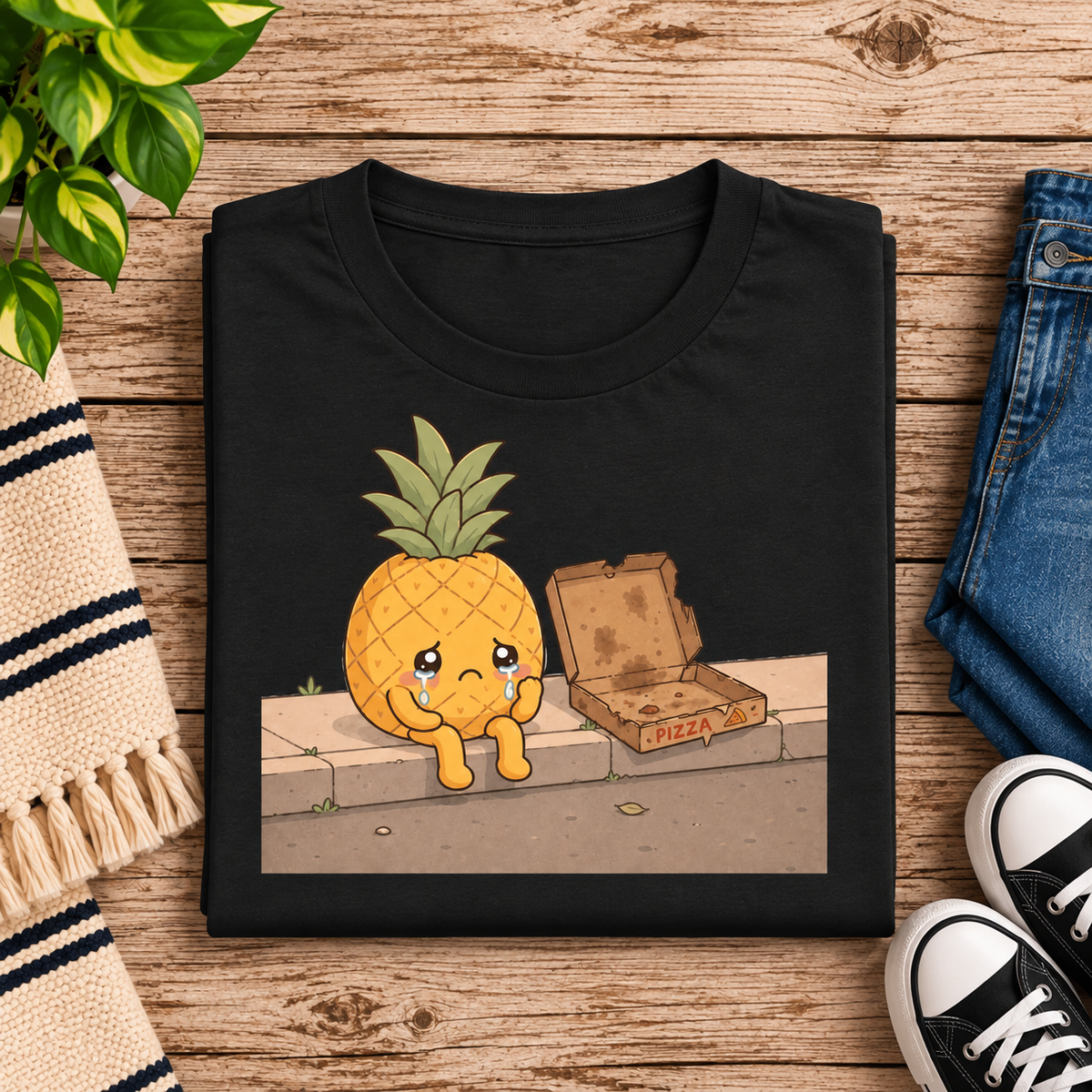 A folded mockup of Pineapple Pizza funny food graphic t-shirt in vintage black.
