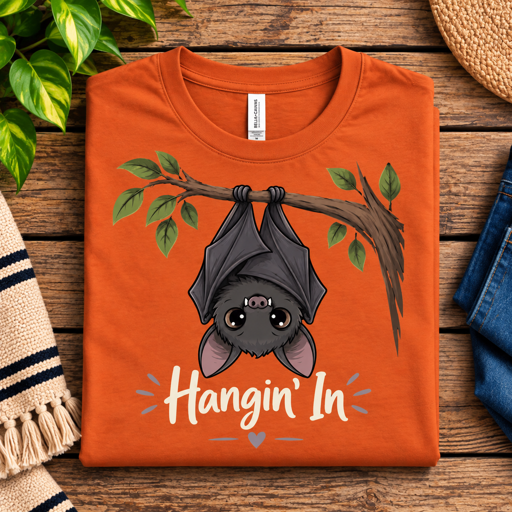 A folded mockup of Hangin' In cute introvert graphic t-shirt in burnt orange.