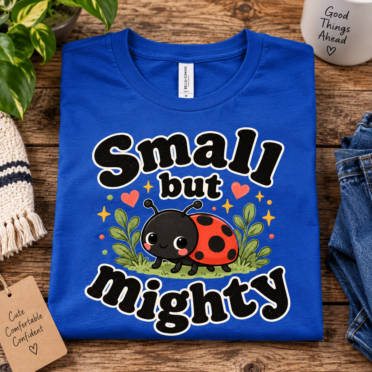 A folded mockup of Small but Mighty cute animal graphic t-shirt in true royal.