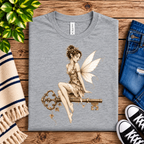 A folded mockup of Key Fairy pinup graphic t-shirt in athletic heather.