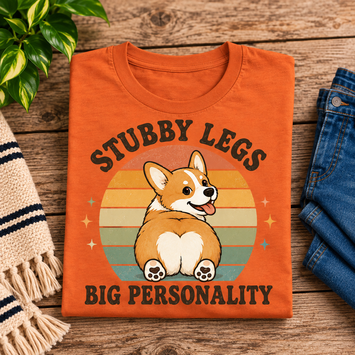 A folded mockup of Stubby Legs cute animal graphic t-shirt in burnt orange.