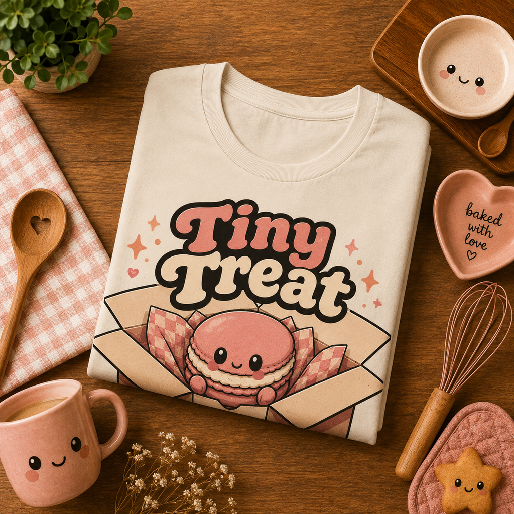 Folded mock up of Tiny Treat Energy graphic t-shirt in natural, surrounded by small kitchen utensils.